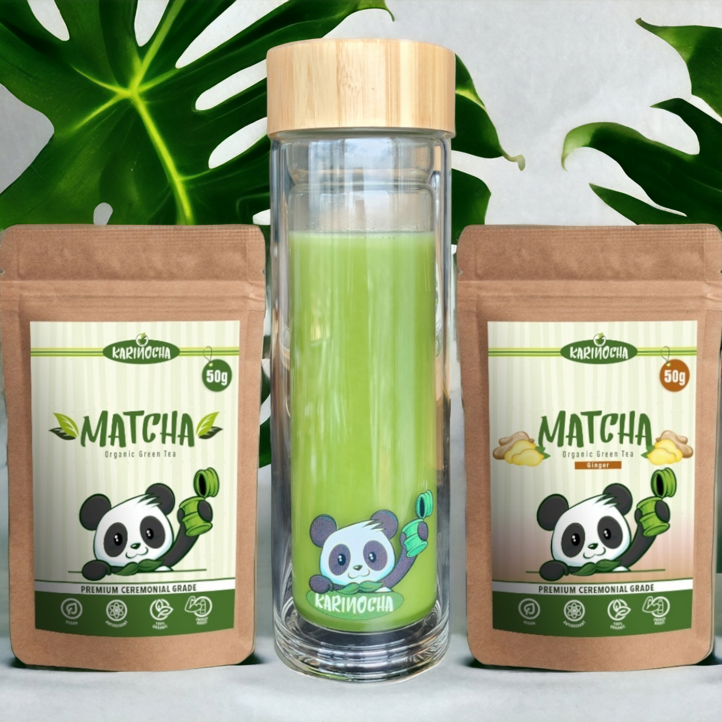 Karinocha Shaker Thermo + Matcha 50g + Ginger Matcha 50 Combo